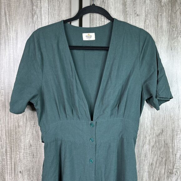 Marine Layer Dress Large Green Button Front Waisted Midi Dark Green - Picture 2 of 10